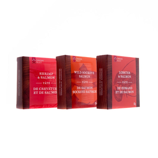 wild sockey salmon pate, shrimp & salmon pate, lobster & salmon pate gift packs